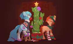 Size: 4601x2767 | Tagged: safe, artist:rexyseven, oc, oc only, oc:rusty gears, oc:whispy slippers, earth pony, pony, blushing, butt, cactus, cap, christmas, christmas lights, christmas ornament, christmas sweater, clothes, decoration, duo, duo female, earth pony oc, eyes closed, female, gradient background, grin, hat, holiday, mare, mouth hold, plot, red background, scarf, slippers, smiling, socks, step stool, striped socks, sweater, tree topper