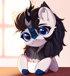 Size: 1165x1262 | Tagged: safe, alternate character, alternate version, artist:airiniblock, oc, oc only, oc:stella interlunium, kirin, chocolate, commission, cute, ear fluff, food, hot chocolate, marshmallow, morning, ych result