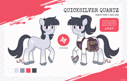 Size: 3406x2160 | Tagged: safe, artist:evelili, oc, oc only, oc:quicksilver quartz, earth pony, bag, clothes, earth pony oc, full body, glasses, high res, reference sheet, saddle bag