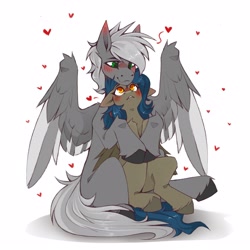 Size: 3163x3163 | Tagged: safe, artist:buvanybu, oc, oc only, oc:quick service, oc:storm stryker, pegasus, pony, blushing, cuddling, duo, ear blush, freckles, heart, high res, hug, pegasus oc, simple background, size difference, white background