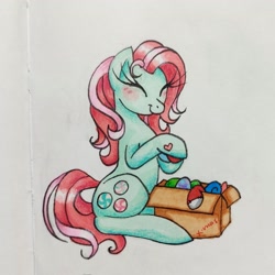 Size: 2047x2048 | Tagged: safe, artist:mintytreble, minty, earth pony, pony, a very minty christmas, g3, box, christmas, high res, holiday, simple background, solo, traditional art, white background