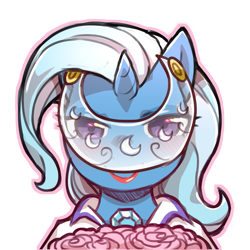 Size: 1159x1159 | Tagged: safe, artist:cold-blooded-twilight, trixie, pony, unicorn, g4, blushing, bouquet, bouquet of flowers, clothes, dress, female, flower, lidded eyes, lipstick, looking at you, mare, marriage, simple background, smiling, smiling at you, solo, transparent background, wedding, wedding dress, wedding veil