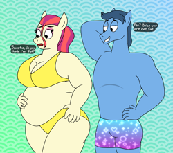Size: 2043x1803 | Tagged: safe, artist:wolfox90210, toe-tapper, torch song, earth pony, anthro, g4, abstract background, bbw, belly, big belly, big breasts, bikini, breasts, busty torch song, cleavage, clothes, dialogue, duo, duo male and female, fat, female, gradient background, male, shipping, speech bubble, straight, swimming trunks, swimsuit, torchtapper