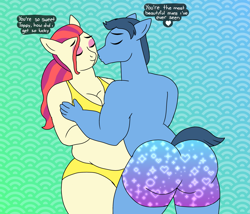 Size: 2073x1777 | Tagged: safe, artist:wolfox90210, toe-tapper, torch song, earth pony, anthro, g4, abstract background, ass, bbw, bikini, breasts, busty torch song, butt, clothes, duo, duo male and female, fat, female, gradient background, kissing, large butt, male, shipping, speech bubble, straight, swimming trunks, swimsuit, torchtapper
