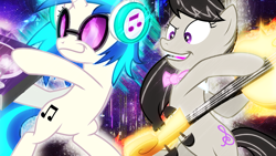 Size: 1920x1080 | Tagged: safe, artist:mirai-digi, dj pon-3, octavia melody, vinyl scratch, earth pony, pony, unicorn, g4, season 5, slice of life (episode), bipedal, cello, duo, faic, female, headphones, insertavia, mare, music battle, musical instrument, open mouth, open smile, smiling, wallpaper