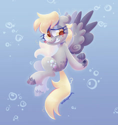 Size: 868x920 | Tagged: safe, artist:bishopony, derpy hooves, pegasus, pony, g4, blush scribble, blushing, bubble, cute, derpabetes, floppy ears, gradient background, grin, hooves behind back, looking back, nervous, nervous smile, signature, smiling, solo, spread wings, unshorn fetlocks, wings