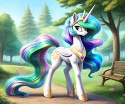 Size: 2320x1920 | Tagged: safe, ai assisted, ai content, artist:dovakkins, derpibooru exclusive, generator:easyfluff v11.2, princess celestia, alicorn, pony, g4, bench, female, high res, hoof shoes, horn, jewelry, long mane, mare, park, park bench, peytral, princess shoes, regalia, smiling, solo, sternocleidomastoid, tree, walking, wavy mane, wings