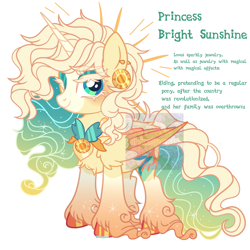 Size: 2500x2500 | Tagged: safe, artist:shineyaris, oc, oc only, oc:princess bright sunshine, alicorn, pony, bald face, blaze (coat marking), blonde eyelashes, blue eyes, chest fluff, closed mouth, coat markings, colored eyelashes, colored hooves, colored wings, colored wingtips, ear piercing, earring, ethereal hair, ethereal mane, ethereal tail, eyelashes, eyeshadow, facial markings, female, folded wings, glitter, gold, gradient legs, gradient mane, gradient tail, gradient wings, high res, hoof polish, jewelry, long feather, long fetlocks, looking at you, makeup, mare, obtrusive watermark, one eye closed, piercing, princess, regalia, simple background, smiling, smiling at you, socks (coat markings), solo, sparkly legs, sparkly mane, sparkly tail, sun, tail, text, unshorn fetlocks, watermark, wavy mane, white background, wings, wink, winking at you