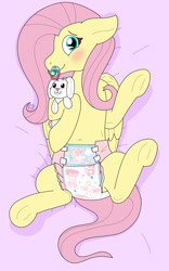 Size: 800x1280 | Tagged: safe, artist:little-off-main, fluttershy, pegasus, pony, g4, bed, blushing, bunnyhopps, bunnyhopps diaper, diaper, diaper design, diaper fetish, diaper pattern, diapered, female, fetish, lying down, mare, non-baby in diaper, on back, pacifier, pink background, plushie, simple background, solo