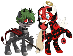 Size: 1328x1032 | Tagged: safe, artist:darktailsko, oc, oc only, oc:lucy fair, oc:sunny harmony, angel, angel pony, demon, demon pony, original species, pegasus, pony, 2024 community collab, derpibooru community collaboration, bipedal, boots, chat noir, claw noir, clothes, collar, cosplay, costume, duo, fangs, female, gloves, grin, halo, horns, ladybug (miraculous ladybug), lesbian, mare, mask, miraculous ladybug, oc x oc, open mouth, pants, raised hoof, shadybug, shipping, shoes, simple background, smiling, staff, transparent background, wings, yo-yo