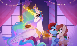 Size: 2500x1500 | Tagged: safe, alternate version, artist:thewandie, princess celestia, oc, oc:jingle belle jangle, oc:jingle belle rock, alicorn, bat pony, pony, g4, alternate hairstyle, bat pony oc, boots, bow, cake, choker, christmas, christmas lights, clothes, coat, commission, concave belly, cowboy boots, crown, curtains, dress, duo, ear piercing, earring, eating, ethereal mane, ethereal tail, fangs, female, folded wings, food, glowing, glowing horn, hair bow, height difference, holiday, horn, jewelry, large wings, long horn, long mane, long tail, looking at each other, looking at someone, magic, mare, nose piercing, open mouth, peytral, physique difference, piercing, plate, regalia, shirt, shoes, siblings, sisters, size difference, slender, socks, spoon, striped socks, tail, tattoo, thin, trio, twins, wall of tags, wings, ych result