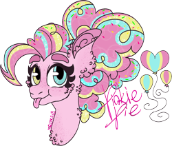 Size: 1564x1329 | Tagged: safe, artist:mrufka69, pinkie pie, earth pony, pony, g4, alternate hairstyle, bust, heterochromia, portrait, simple background, solo, tongue out, transparent background