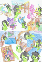 Size: 1220x1773 | Tagged: safe, artist:dhm, applejack, fluttershy, pinkie pie, princess celestia, rainbow dash, rarity, spike, twilight sparkle, oc, oc:filly anon, alicorn, pony, g4, annoyed, bed, bedroom, blanket, book, cake, candle, clock, cloud, colored pencil drawing, comic, cute, daaaaaaaaaaaw, day, door, female, filly, food, funny, grumpy, hat, heavy, holding, house, magic, map, moon, night, nightstand, noogie, parchment, party hat, pen drawing, picture, picture frame, pillow, quill, sky, smiling, stars, suitcase, sweat, traditional art, train, train station, tree, twilight sparkle (alicorn), welcome, wholesome, window