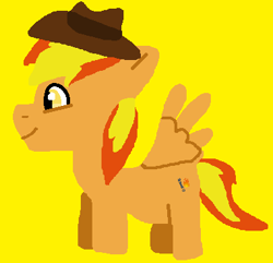 Size: 382x368 | Tagged: safe, artist:jadeharmony, oc, oc only, oc:firey ratchet, pegasus, pony, fedora, hat, male, simple background, smiling, solo, yellow background