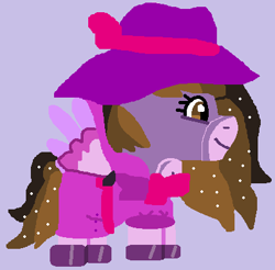 Size: 402x396 | Tagged: safe, artist:jadeharmony, oc, oc only, oc:princess kincade, alicorn, pony, clothes, detective, fedora, female, hat, lavender background, simple background, smiling, smol, solo, trenchcoat