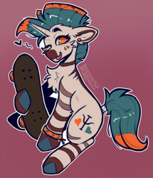 Size: 3181x3697 | Tagged: safe, artist:yumkandie, oc, oc only, oc:psi, hybrid, unicorn, zebra, zony, bracelet, coat markings, colored hooves, colored sketch, commission, ear piercing, facial markings, gradient background, high res, jewelry, one eye closed, piercing, skateboard, sketch, solo, stripes, tail, tail wrap, tongue out, wink