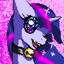 Size: 1600x1600 | Tagged: safe, artist:khiblep, derpibooru exclusive, twilight sparkle, pony, unicorn, g4, bell, bell collar, bust, collar, pixel art, portrait, solo