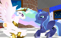 Size: 1920x1200 | Tagged: safe, artist:puzzlshield2, princess celestia, princess luna, pony, friendship is magic, g4, season 1, 3d, brick wall, checkered floor, female, mare, mmd, recreation, s1 luna, scene interpretation, siblings, sisters, super mario 64, super mario bros., young luna