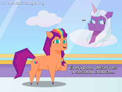 Size: 4200x3150 | Tagged: safe, artist:alejandrogmj, artist:wasisi, opaline arcana, sunny starscout, alicorn, earth pony, pony, g5, ..., crystal brighthouse, duo, duo female, eyebrows, eyeshadow, female, frown, high res, hoof on chest, looking at each other, looking at someone, looking at you, makeup, mare, opaline arcana is not amused, open mouth, open smile, signature, smiling, text, unamused