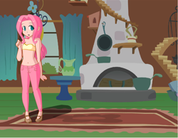 Size: 900x700 | Tagged: safe, fluttershy, human, g4, bare shoulders, bra, breasts, clothes, female, fluttershy's cottage (interior), humanized, pants, photo, sexy, solo, straight hair, strapless, underwear