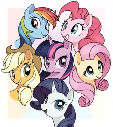 Size: 1934x2176 | Tagged: safe, artist:cheesesauce_45, applejack, fluttershy, pinkie pie, rainbow dash, rarity, twilight sparkle, earth pony, pegasus, pony, unicorn, g4, border, bust, female, grin, mane six, mare, open mouth, open smile, passepartout, simple background, smiling, unicorn twilight, white background