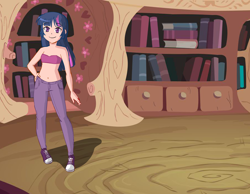 Size: 900x700 | Tagged: safe, twilight sparkle, human, g4, bare shoulders, bra, breasts, clothes, female, golden oaks library, humanized, pants, photo, sexy, solo, straight hair, strapless, underwear
