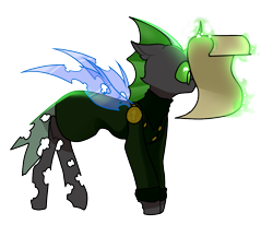 Size: 1159x957 | Tagged: safe, artist:minty--fresh, oc, oc only, oc:dronea-24-753, changeling, 2024 community collab, derpibooru community collaboration, changeling oc, glasses, green changeling, green eyes, horn, magic, male, reading, simple background, solo, transparent background, wings