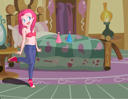 Size: 900x700 | Tagged: safe, pinkie pie, human, g4, bare shoulders, bra, breasts, clothes, converse, female, humanized, loose hair, pants, photo, pinkamena diane pie, sexy, shoes, sneakers, solo, straight hair, strapless, sugarcube corner, underwear