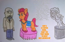 Size: 2112x1370 | Tagged: safe, artist:dex stewart, cozy glow, sunny starscout, earth pony, human, pegasus, pony, g4, g5, doctor loomis, halloween, simple background, statue, text, traditional art