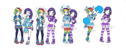 Size: 2338x934 | Tagged: safe, artist:bluelilytz, rainbow dash, rarity, equestria girls, g4, cheerleader, cheerleader outfit, clothes, converse, hypno dash, hypnosis, rainbow socks, shoes, simple background, skirt, sneakers, socks, striped socks, thigh highs, white background