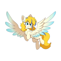 Size: 2160x2160 | Tagged: artist needed, safe, oc, oc only, oc:moosun, pegasus, pony, female, flying, high res, simple background, solo, spread wings, white background, wings, yellow mane