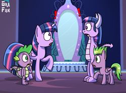 Size: 2323x1722 | Tagged: safe, artist:gradiusfanatic, spike, twilight sparkle, alicorn, dragon, pegasus, pony, g4, dragoness, dragonified, duality, exclamation point, female, filly, foal, magic mirror, male, mirror, ponified, ponified spike, pony dragondox, role reversal, species swap, twilidragon, twilight sparkle (alicorn), twolight