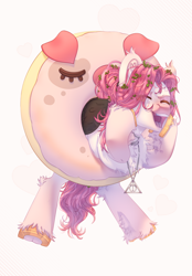 Size: 1736x2500 | Tagged: safe, alternate version, artist:medkit, oc, oc only, oc:yustas, pegasus, pig, accessory, adam's apple, chest fluff, chocolate, colored eartips, colored eyebrows, colored eyelashes, colored hooves, colored lineart, colored muzzle, colored pupils, colored wings, commission, donut, dun, ear cleavage, ear fluff, ears up, eye clipping through hair, eyebrows, eyebrows visible through hair, eyeshadow, feathered wings, femboy, folded wings, food, full body, glaze, gold hooves, golden, gradient hooves, gradient wings, hairstyle, heart, heart shaped, hoof fluff, hoof to cheek, hooves, horseshoes, jewelry, leaves, leaves in hair, leg fluff, lidded eyes, lightly watermarked, lines, long mane, long mane male, long tail, looking at someone, makeup, male, multicolored coat, one eye closed, open mouth, open smile, orange eyes, paint tool sai 2, pegasus oc, pendant, pink, pink background, pink eyeshadow, pink mane, pink tail, ponytail, scrunchie, signature, silver, simple background, smiling, solo, spots, stallion, sternocleidomastoid, striped mane, striped tail, tail, tassels, teeth, two toned mane, two toned tail, two toned wings, unshorn fetlocks, wall of tags, watermark, wing fluff, wings, wink, ych result
