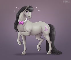 Size: 2608x2218 | Tagged: safe, artist:jenery, octavia melody, earth pony, pony, g4, bangs, bowtie, cute, female, gradient background, head down, high res, hoers, lidded eyes, looking away, mare, octavia's bowtie, profile, raised hoof, raised leg, shadow, signature, smiling, solo, sparkles, tavibetes, turned head