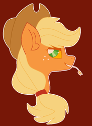 Size: 540x738 | Tagged: safe, artist:peribot, applejack, earth pony, pony, g4, applejack's hat, bust, cowboy hat, hat, red background, simple background, smiling, solo, straw in mouth