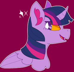 Size: 540x521 | Tagged: safe, artist:peribot, twilight sparkle, alicorn, pony, g4, bust, open mouth, red background, simple background, smiling, solo, twilight sparkle (alicorn)