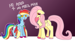 Size: 1280x731 | Tagged: safe, artist:peribot, fluttershy, rainbow dash, pegasus, pony, g4, duo, gradient background, standing, text, trans fluttershy, transgender
