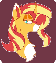 Size: 660x740 | Tagged: safe, artist:peribot, sunset shimmer, pony, unicorn, g4, bust, chest fluff, red background, simple background, solo