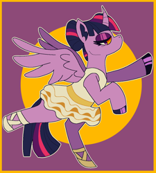 Size: 900x1000 | Tagged: safe, artist:peribot, twilight sparkle, alicorn, pony, g4, ballerina, clothes, purple background, simple background, solo, spread wings, tutu, twilarina, twilight sparkle (alicorn), wings