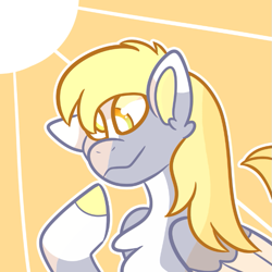 Size: 663x662 | Tagged: safe, artist:peribot, derpy hooves, pegasus, pony, g4, bust, chest fluff, hoof on chin, orange background, simple background, smiling, solo, sun