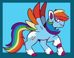 Size: 1280x1011 | Tagged: safe, artist:peribot, rainbow dash, pegasus, pony, g4, blue background, cyan background, simple background, smiling, smirk, solo, spread wings, unshorn fetlocks, wings