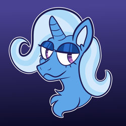 Size: 1000x1000 | Tagged: safe, artist:peribot, trixie, pony, unicorn, g4, :3, blue background, bust, chest fluff, female, gradient background, lidded eyes, looking at you, mare, portrait, smiling, solo
