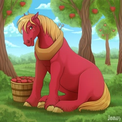 Size: 3200x3200 | Tagged: safe, artist:jenery, big macintosh, earth pony, pony, g4, apple, apple tree, bucket, food, grass, green eyes, high res, hoers, horse collar, looking at you, male, mane, missing cutie mark, outdoors, scenery, sitting, smiling, solo, stallion, tree, unshorn fetlocks
