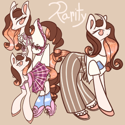 Size: 1240x1240 | Tagged: safe, artist:sainthorse, rarity, pony, unicorn, g4, brown background, clothes, female, mare, pants, redesign, simple background, skirt, solo