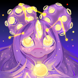 Size: 1240x1240 | Tagged: safe, artist:sainthorse, oc, oc only, oc:andromeda, pony, unicorn, bust, constellation, double buns, freckles, glowing, glowing eyes, glowing horn, gradient background, horn, looking at you, portrait, solo, starry horn