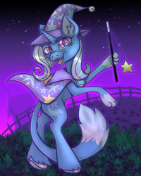 Size: 993x1240 | Tagged: safe, artist:sainthorse, trixie, cat, pony, unicorn, g4, cape, clothes, ear fluff, fangs, fence, grass, hat, looking at you, night, open clothes, open shirt, outdoors, paw pads, slit pupils, solo, species swap, starry eyes, starry night, tail, trixie's cape, trixie's hat, wand, wingding eyes