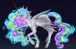 Size: 1280x833 | Tagged: safe, artist:sainthorse, princess celestia, alicorn, pony, g4, colored eyelashes, colored hooves, colored pupils, ethereal mane, ethereal tail, female, glowing, glowing mane, glowing tail, gold hooves, gradient background, hooves, mare, missing cutie mark, partially open wings, raised hoof, solo, sparkly mane, sparkly tail, tail, walking, wing ears, wings