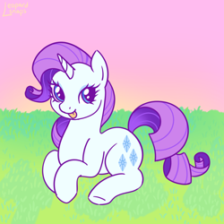 Size: 1300x1300 | Tagged: safe, artist:leopardsnaps, rarity, pony, unicorn, g4, gradient mane, grass, looking at you, lying down, outdoors, pink sky, sky, smiling, solo, sunrise, tongue out