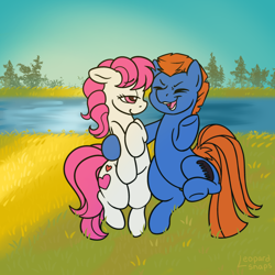 Size: 3000x3000 | Tagged: safe, alternate version, artist:leopardsnaps, sunbeam, sweetheart, teddy, earth pony, pony, g1, my little pony tales, detailed background, duo, ears back, eyes closed, female, grass, lidded eyes, looking at someone, male, open mouth, open smile, raised hoof, raised leg, river, shipping, shy, side hug, smiling, sunrise, talking, tree, water