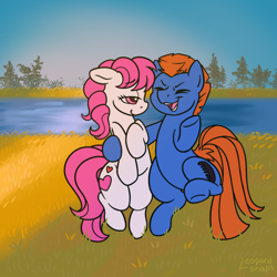 Size: 3000x3000 | Tagged: safe, alternate version, artist:leopardsnaps, sweetheart, teddy, earth pony, pony, g1, my little pony tales, detailed background, duo, ears back, eyes closed, female, grass, lidded eyes, looking at someone, male, open mouth, open smile, raised hoof, raised leg, river, shipping, shy, side hug, smiling, sunrise, talking, tree, water